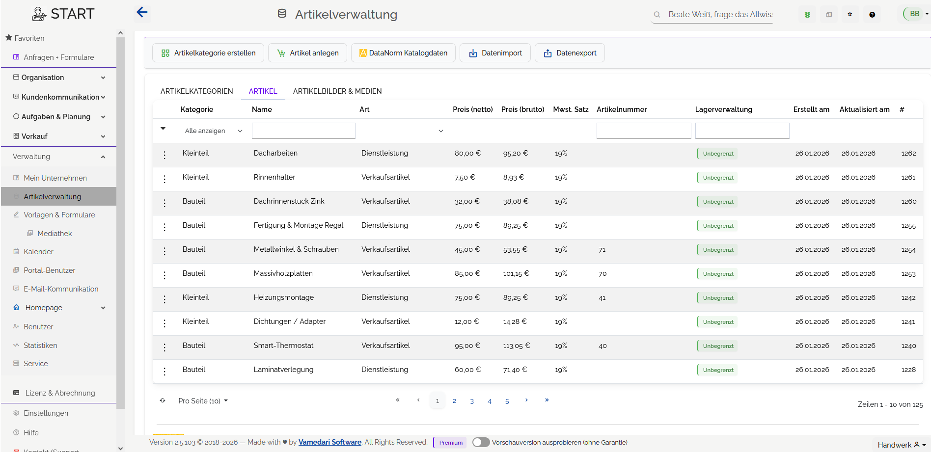 Varyos Artikelverwaltung